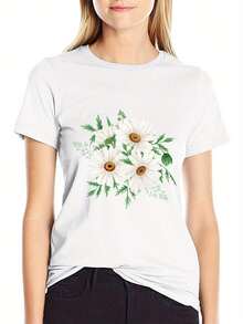 Camiseta de talla grande para mujer - Estampado floral de margaritas en blanco y negro, corte holgado, informal, de manga corta, transpirable, cuello redondo, estilo euro-americano, camiseta cómoda para el día a día. - Blanco - Ver 3