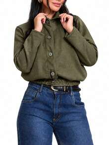 Women's Bomber Jacket, Long Sleeves, Suede, Pockets, Fashion. - 軍綠色 - 查看 1