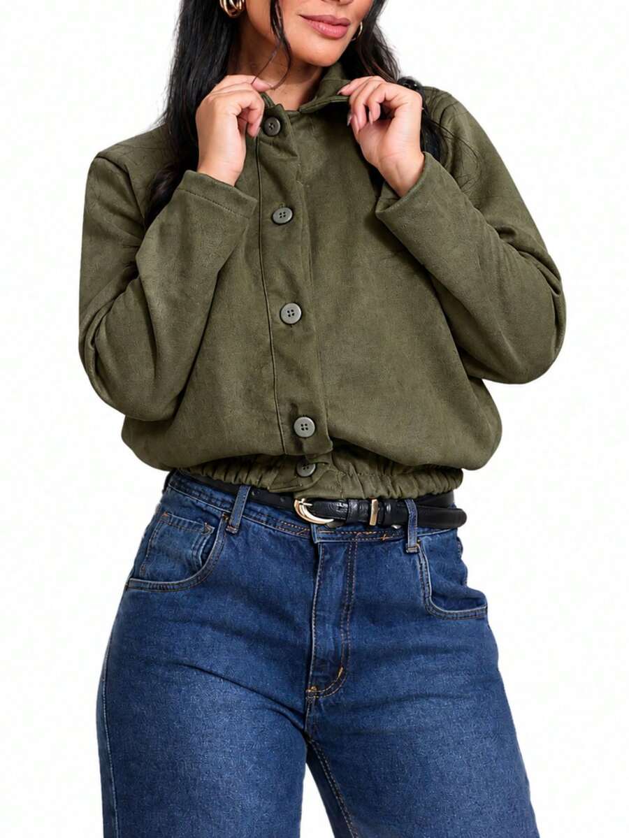 Women's Bomber Jacket, Long Sleeves, Suede, Pockets, Fashion. - 軍綠色 - 查看 1