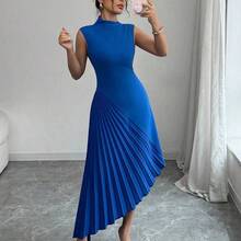 Elenzya Women's Elegant Fashionable Commute Casual Vacation Charming Party Sleeveless Asymmetric Collar Cinched Waist Fitted Uneven Hem Patchwork Solid Color Dress - Negro - Ver 6