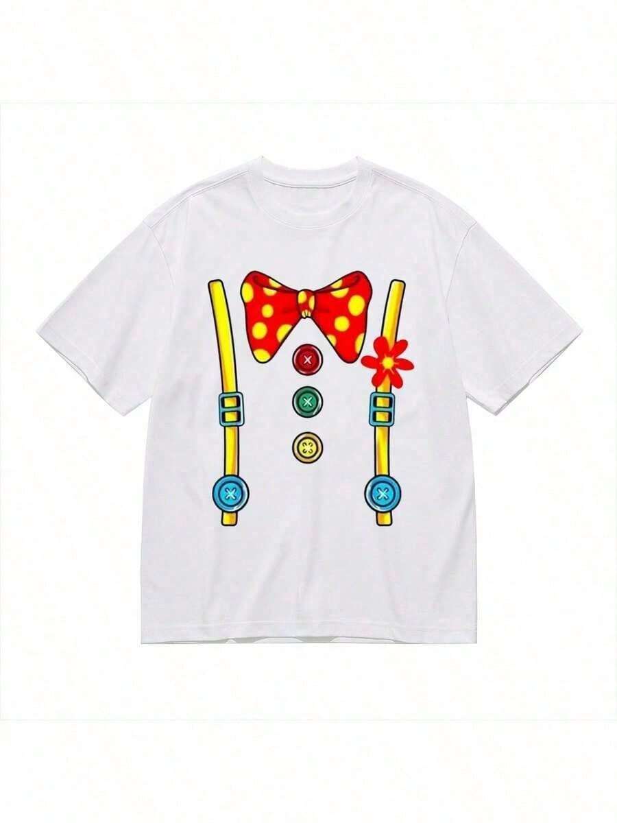 Cotton T-Shirt With Circus Clown Design - Halloween And Birthday Costume With Suspenders, Bow Tie And Flowers - Funny Gift, Grandad (Size XXXL) Classic Cotton Basic Shirt, Easy To Match With Various Styles - 白色 - 查看 1