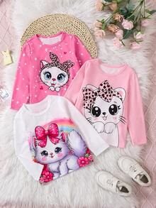 Chatreadl Paquete de 3 camisetas de niña con estampado de gatito de dibujos animados, de cuello redondo y manga larga, apropiadas para otoño e invierno - Multicolor - Ver 1