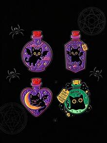 4件/組可愛瓶子與魔幻貓圖案金屬胸針，適用於女性，可用作包包別針與衣物配件，適合日常穿搭 - 彩色 - 查看 3