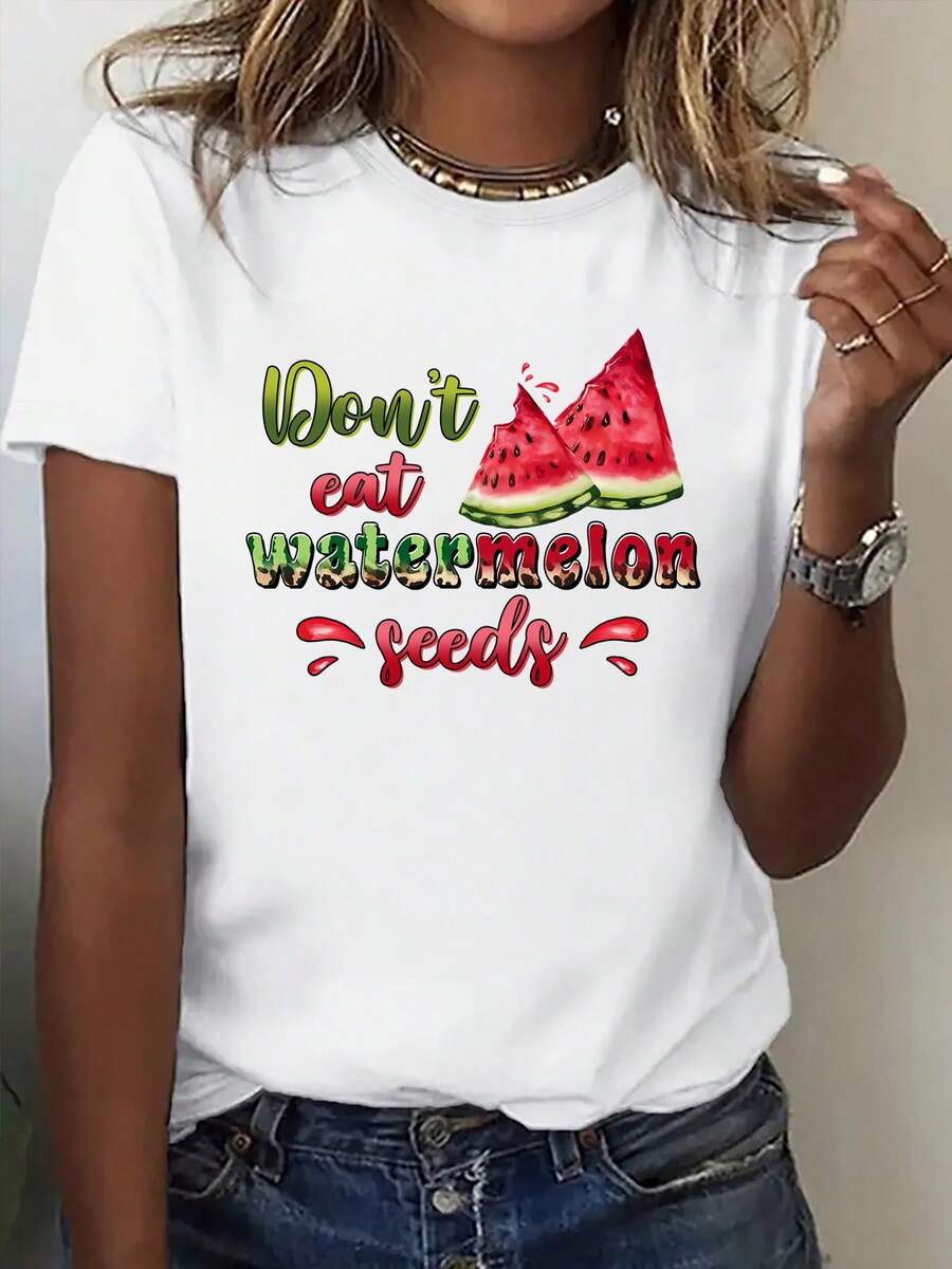 A Women's Short-Sleeved Printed T-Shirt With A Round Neck And A Summer Watermelon Slogan Design, Perfect For Casual Wear. A Comfortable Basic T-Shirt For Autumn, With Printed Short Sleeves, Ideal For Outdoor Activities. - 白色 - 查看 1