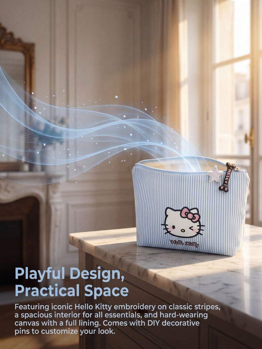 条纹图案休闲简约大容量化妆包,多功能卡通便携收纳袋,不含发夹 - 彩色 - 查看 1