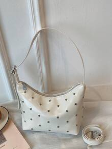 BEIKAMU Fashion Rivet Decor PU Crossbody Bag, Adjustable Shoulder Strap Zipper Closure Versatile Shoulder Bag Satchel, Suitable For University, Commuting, Shopping, Strolling, Daily Use - White - View 8