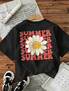 Camiseta casual de manga corta y cuello redondo para mujer, con estampados de letras y flores veraniegos, negra con diseño en rojo y rosa, transpirable y lavable a máquina, adecuada para pri - Negro - Ver 3