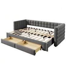 Sofa Bed 90 X 200 Cm, With Square Backrest, Extendable (Up To 180 Cm Queen Size), 2 Drawers, Without Mattress, Beige Color. - Grey - View 10