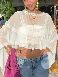 Womens Lace Trim Sheer Mesh Crop Top Blouse Ruffled Sheer Cover Up Y2K Summer Beach See-Through Blouse - Ivory - View 2