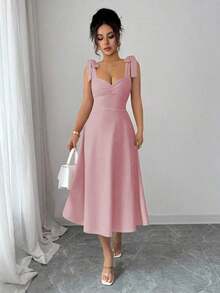 elegante y romántico para mujer con lazo decorativo en la cintura y corte evasé sin mangas - Rosa vieja - Ver 8