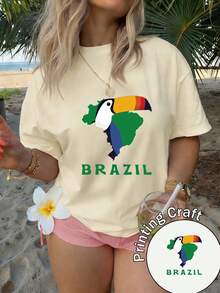 Camiseta de manga corta con cuello redondo para mujer, 100% algodón, lavable a máquina, fácil cuidado, diseño casual con estampado de mapa de Brasil y tucán gigante, colores brillantes, top de nuevo estilo para el verano 2026, adecuada para viajes y uso diario. - Blanco - Ver 11