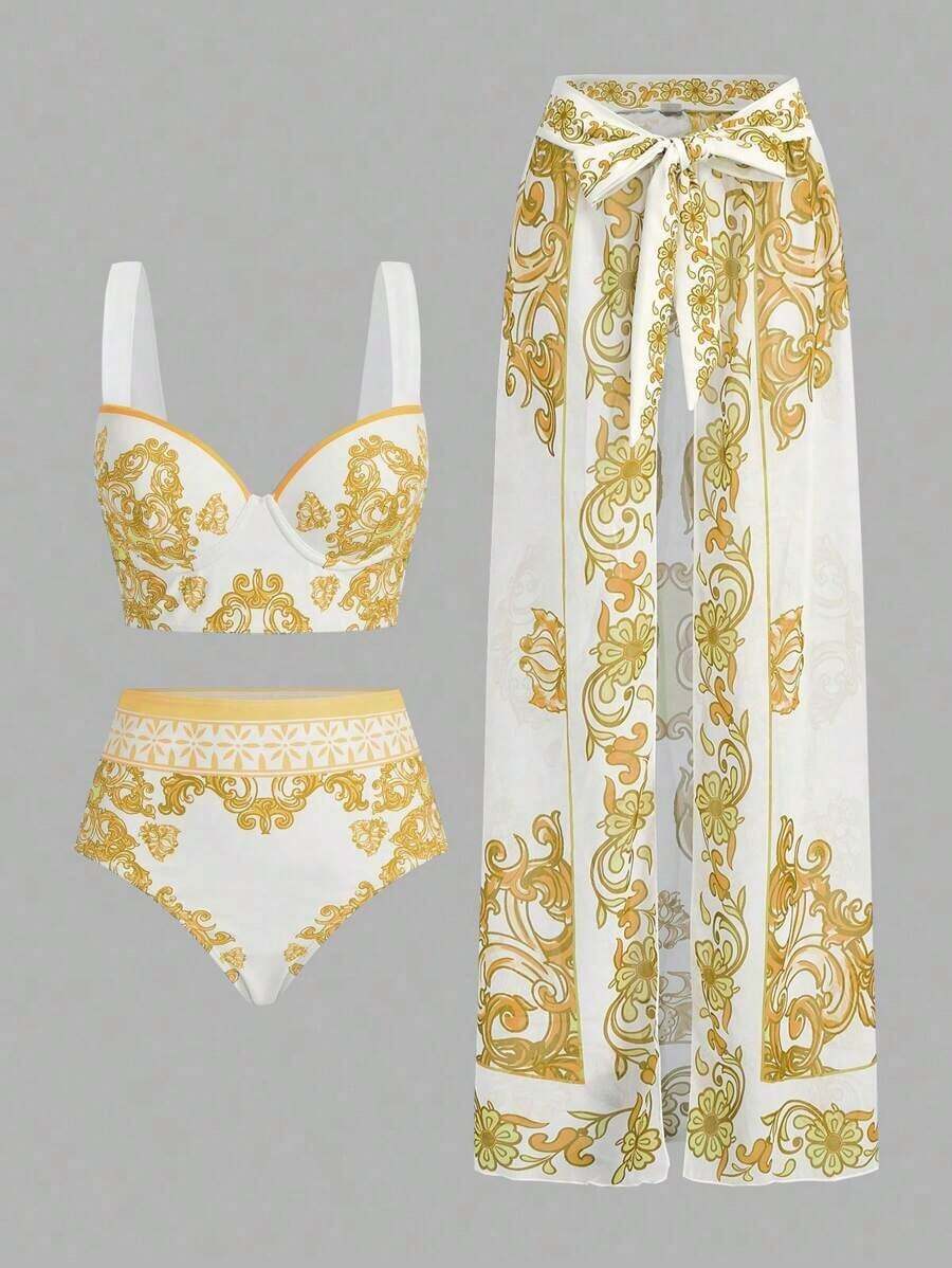 Swim Oasis Conjunto de bikini con estampado floral sexy para mujer con pareo y falda para el verano - Amarillo - Ver 1