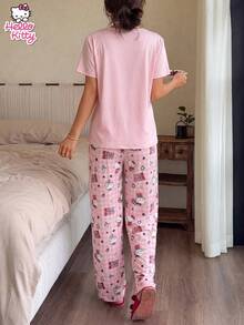 SANRIO 2件套可爱小猫图案睡衣套装，柔软舒适面料，成人女士家居睡衣 - 粉色 - 查看 6