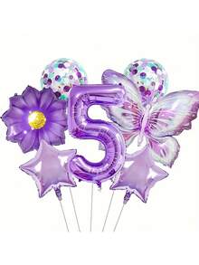 7pcs Purple Butterfly Balloon Set, Suitable For Purple Birthday Theme Party, Sunflower Decor - Multicolor - View 8
