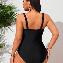 Swim Chicsea Plus Size One Piece Swimsuit With Mesh Panel And Ruched Tummy For Women, Casual Vacation For Summer - Verde Oscuro - Ver 3