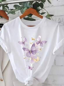 Camiseta de algodón de manga corta para mujer, a la moda, talla grande, con estampado de mariposa morada, de manga corta, cuello redondo, para verano. - Negro - Ver 1
