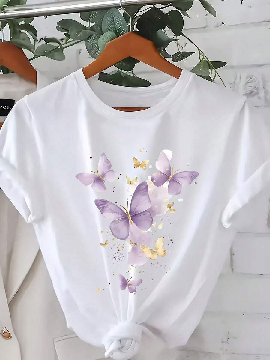 Camiseta de algodón de manga corta para mujer, a la moda, talla grande, con estampado de mariposa morada, de manga corta, cuello redondo, para verano. - Negro - Ver 1