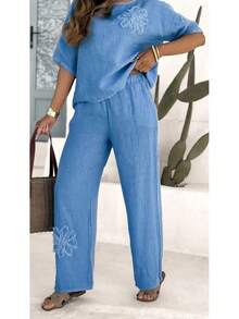 Women's Linen Blend Two-Piece Set With Embroidered Floral Top And Wide Leg Pants - Blue - View 1