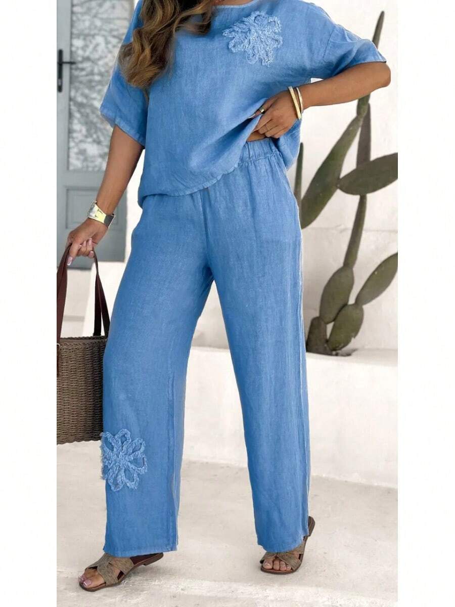 Women's Linen Blend Two-Piece Set With Embroidered Floral Top And Wide Leg Pants - Blue - View 1