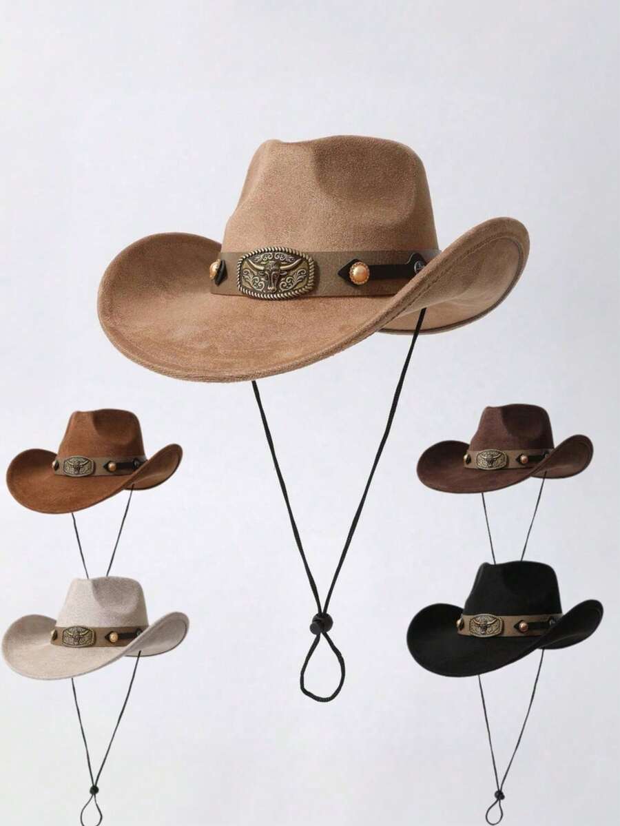 Faux Suede Western Cowboy Hat, Wide Brim Vintage Cowgirl Hat For Men, Classic Sun Hat With Bull Head Decor, Suitable For Beach, Festival, Daily Wear, Outdoor,Holiday,Travel - Suede Yellow Beaded Cow Hat - View 1