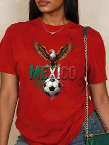 Mexico 2026 Eagle Print T-Shirt, World Cup Theme, Loose Fit, Short Sleeve, Casual Sporty Style, Women's Summer Graphic T-Shirts - 紅色的 - 查看 2