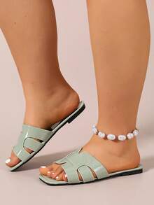 Ximi Ruo Wide Fit Rhinestone Embellished Comfortable Slide Sandals, Korean Casual Flat Slippers For Women, Open Toe, Suitable For Spring, Summer, Beach, Casual Wear - Mint Green - View 2