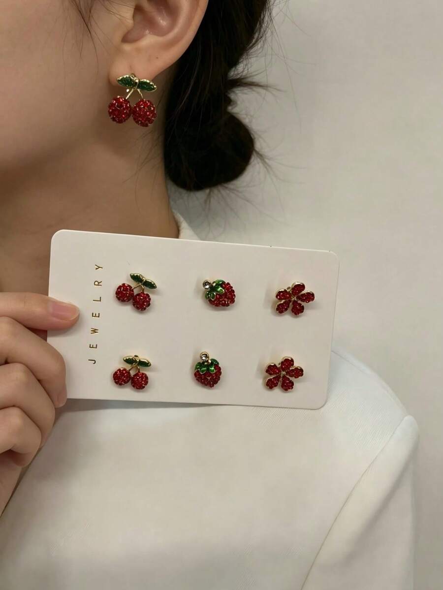 3对简约百搭银针可爱红水晶樱桃草莓耳钉套装 - 紅色套裝 - 查看 1