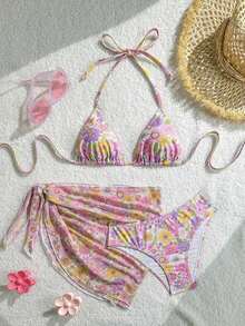 Conjunto de 3 piezas de traje de baño de bikini de unicolor y estilo sexy de halter para mujeres, conjunto de traje de baño, para vacaciones de verano en la playa - Multicolor 2 - Ver 4