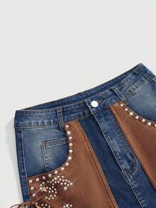 Western Cowgirl Suede Patchwork Large Pocket Distressed Vintage Denim A-Line Skirt For Women - Lavado medio - Ver 4