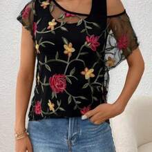 LUNE Blusa de mujer con patchwork de encaje, cuello mock, hombro oblicuo - enfermarse - Ver 1