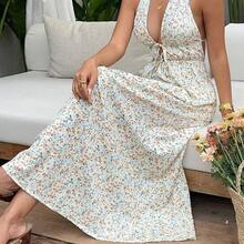 SunnyBelle Women's Ditsy Floral Elegant  Halter V-Neck Backless Dress, Suitable For Spring/Summer Vacation - Multicolor - Ver 5