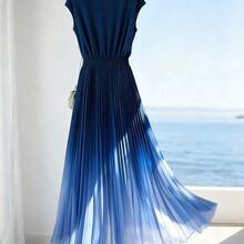 Women's Ombre Pleated Hem A-Line Dress, Waist Cinched Design, Elegant For Vacation, Commute, Valentine's Day, Date, French Chic Retro Versatile Party, Early Spring/Summer Sleeveless Blue & White New Mid-Length Dress - Multicolor - Ver 3