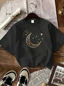 Women's Plus Size Black Short Sleeve T-Shirt, 100% Cotton - Starry Sky And Moon Print, Loose Crew Neck, Breathable Stretch Fabric, Machine Washable, Ideal For A Casual Holiday Outfit. - 黑色 - 查看 2