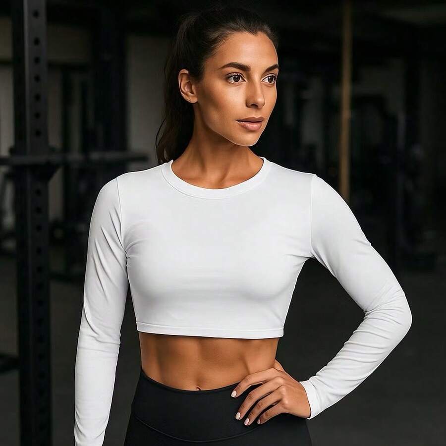 Cropped Feminino Termico Mnaga Longa Fitness Com Proteção Solar - Branco - Visão 1