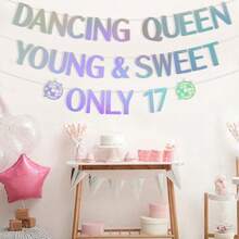 1件装“Young & Sweet Only 17”横幅，全息17岁生日字母横幅，迪斯科主题炫彩17岁生日派对花环，闪光全息生日墙面装饰牌，完美适用于17岁生日派对装饰、主题庆典、迪斯科复古派对、拍照背景以及室内外生日派对用品 - 多色的 - 查看 4