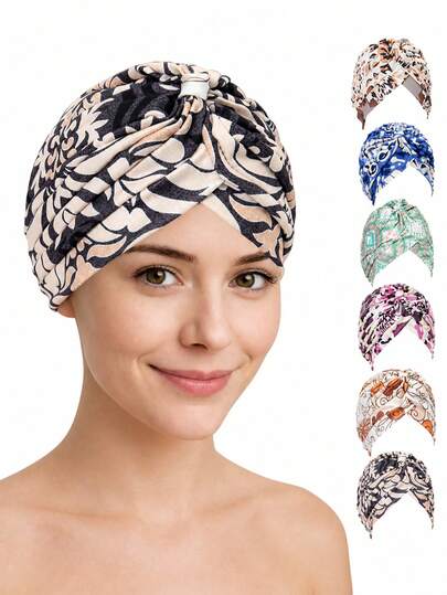 Khăn trùm đầu turban in họa tiết dành cho nữ, họa tiết trừu tượng màu xanh dương, kiểu dáng buộc sẵn, chất liệu mềm mại, co giãn, thoáng khí, thích hợp sử dụng hàng ngày, khăn trùm đầu thời trang.