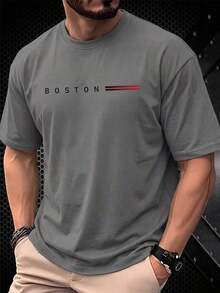 Camiseta de manga corta estival para hombres con estampado casual, con diseño de BOSTON, cómoda y suave, transpirable y absorbe la humedad.Envío exprés desde almacén local. - Gris Oscuro - Ver 1