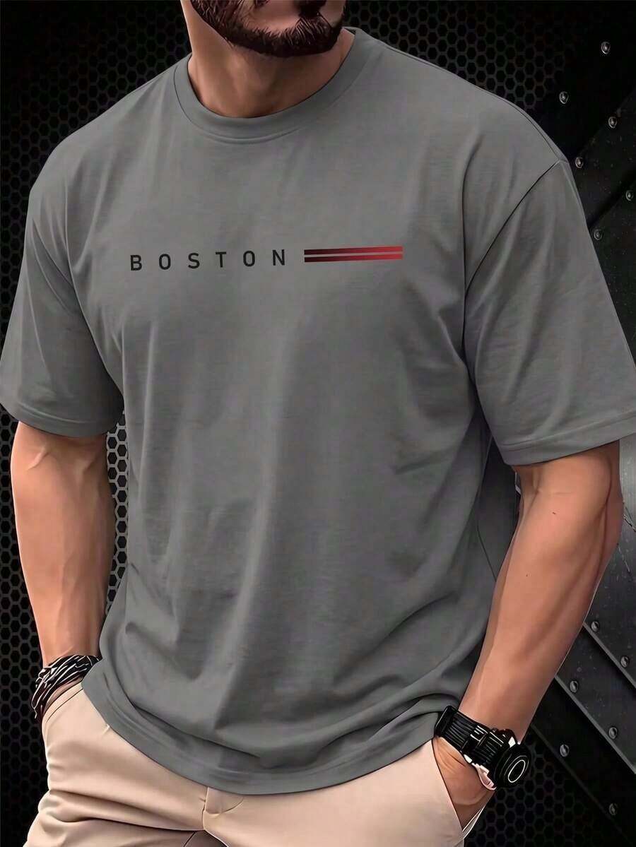 Camiseta de manga corta estival para hombres con estampado casual, con diseño de BOSTON, cómoda y suave, transpirable y absorbe la humedad.Envío exprés desde almacén local. - Gris Oscuro - Ver 1