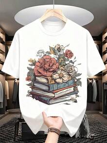 1 camiseta con diseño gráfico de libros apilados y flores para entusiastas de la lectura y amantes de los libros, con elegantes flores y temática literaria, perfecta para uso casual y eventos literarios. Es una camiseta ideal para regalar a amigos y familiares en cualquier día festivo u ocasión especial, 180g 100% algodón. - Blanco - Ver 2