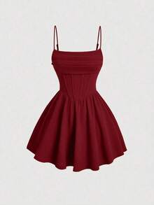 Elegante vestido de tirantes con fruncido en la cintura de color liso - Burdeos 2 - Ver 1