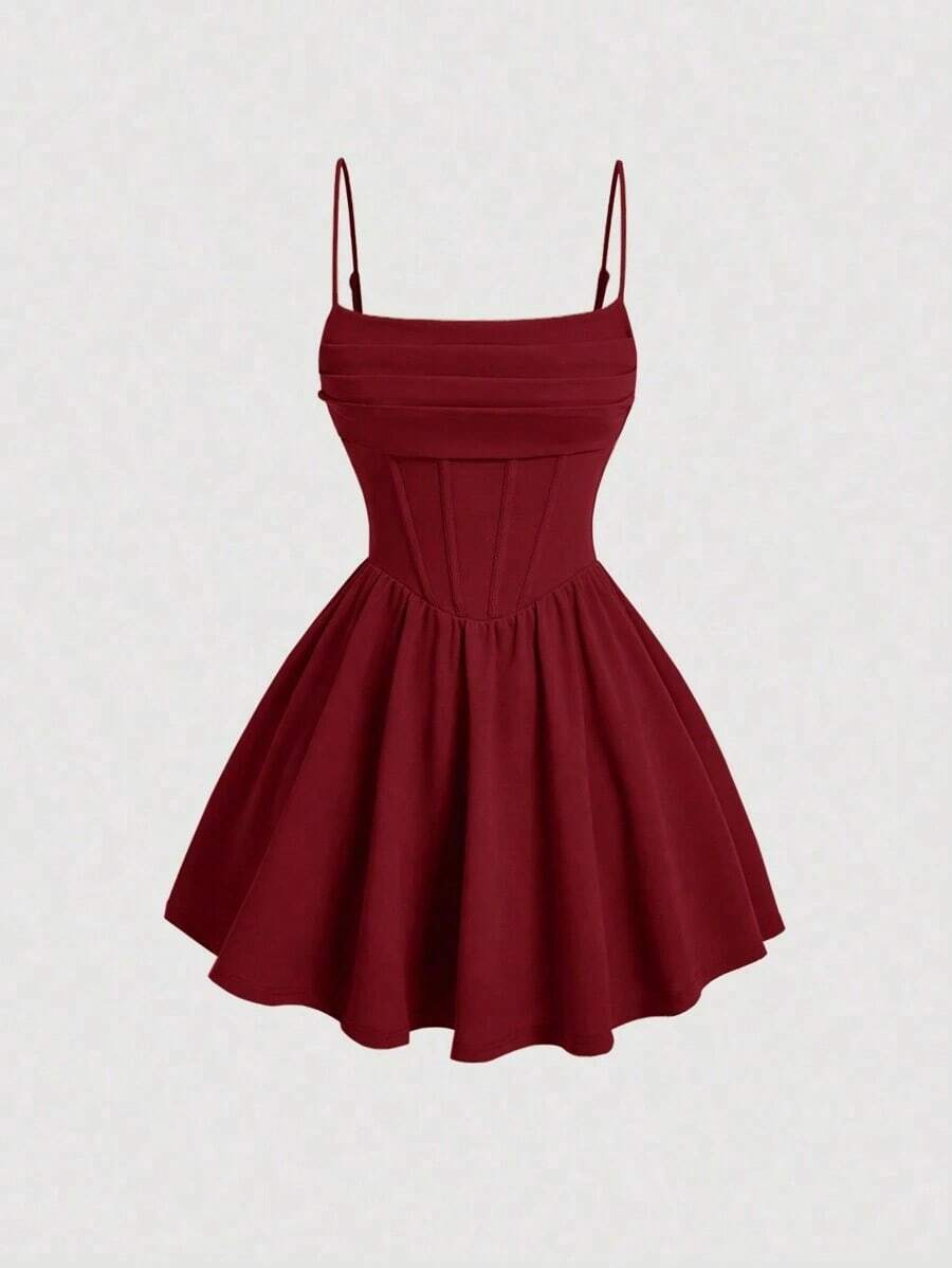 Elegante vestido de tirantes con fruncido en la cintura de color liso - Burdeos 2 - Ver 1