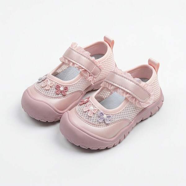 1 Pair Soft Pastel Mesh Mary Jane Children's Shoes, Decorated With Floral Patterns, Presenting A Sweet And Elegant Style. This Lightweight And Breathable Girls' Casual Sneakers Are Suitable For Summer Wear And Daily Play.