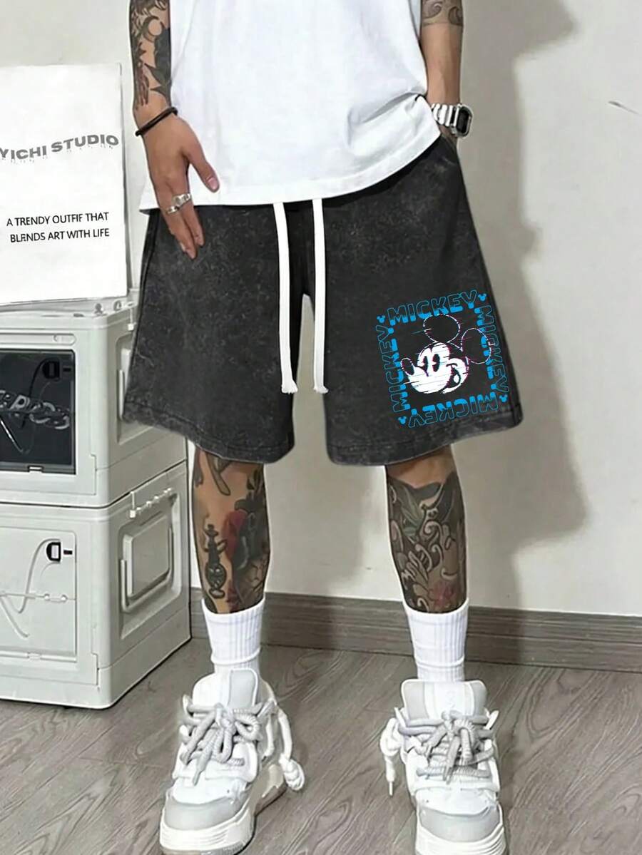 Disney Men's 290g Washed Cotton Shorts, Cyber Mickey Print, Loose Fit, Streetwear Shorts. - 黑色 - 查看 1