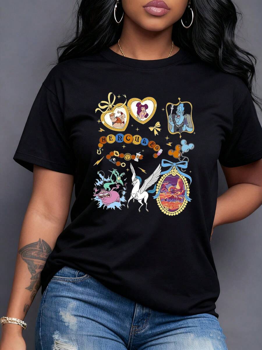 Winged Among Mythological Symbols That Evoke Strength, Courage And Adventure On A Dark Background. Women's T-Shirt With A Unique Print And Modern Artistic Touch. - 黑色 - 查看 1