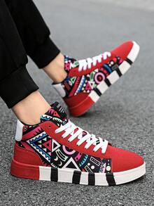 Men's Geometric Pattern Random Graffiti Print High-Top Lace-Up Red Stylish Sneakers, Versatile Rubber Anti-Slip Durable Sole, Suitable For Outdoor Sports For Teenagers - Black and Red - View 11