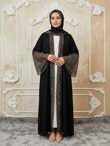Áo choàng dài Abaya màu đen, áo khoác dáng maxi rộng rãi, họa tiết da báo, viền tương phản, kiểu dáng thường ngày, đa năng dành cho nữ. - màu đen - Xem 4