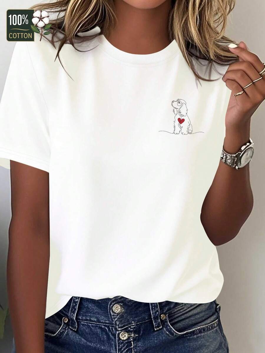 Camiseta de Mujer con Diseño Artístico de Cocker Spaniel en un Solo Trazo, Ajuste Cómodo, Algodón Puro, Manga Corta - Blanco - Ver 1