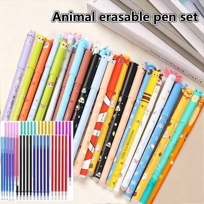 48pcs Erasable Pen Set, Colorful Refills, Animal Shaped, Assorted Patterns, Elegant Gift, Suitable For Office, School, Back-To-School