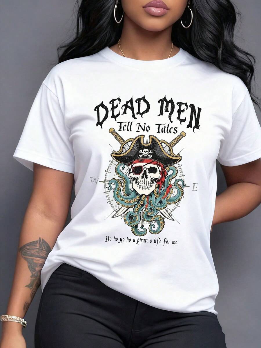 Pirate Skull With Red Bandana Surrounded By Tentacles Symbolizing Marine Strength And Ocean Mystery, Women's T-Shirt With Bold Lettering And Adventurous Spirit - White - View 1