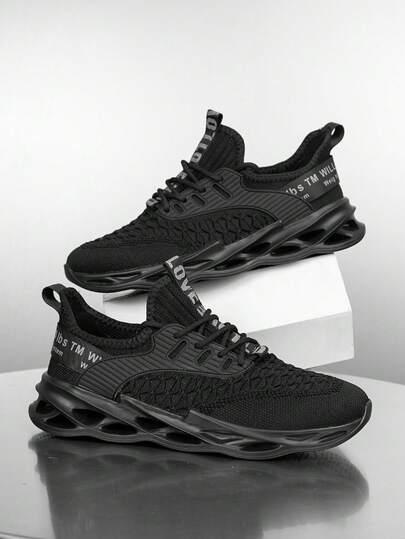 Men's Classic Fashion Solid Color Random Letter Print Patchwork Front Lace-Up Low-Top Running Shoes, Versatile Outdoor Daily Comfortable Knit Mesh Casual Sports Sneakers